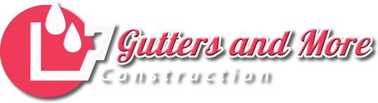 Logo for "Gutters and More Construction" with a pink circle and a white "L" shape and water drop icons.