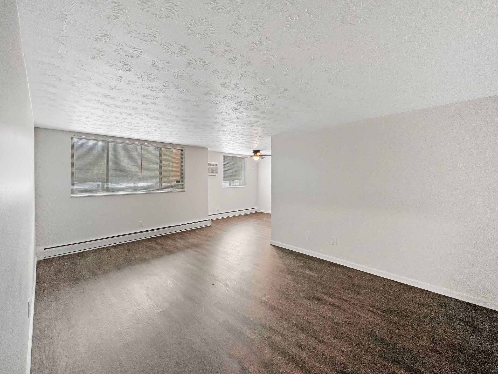 Empty room with dark wood-look flooring, white walls, and a textured ceiling. Two windows with blinds.