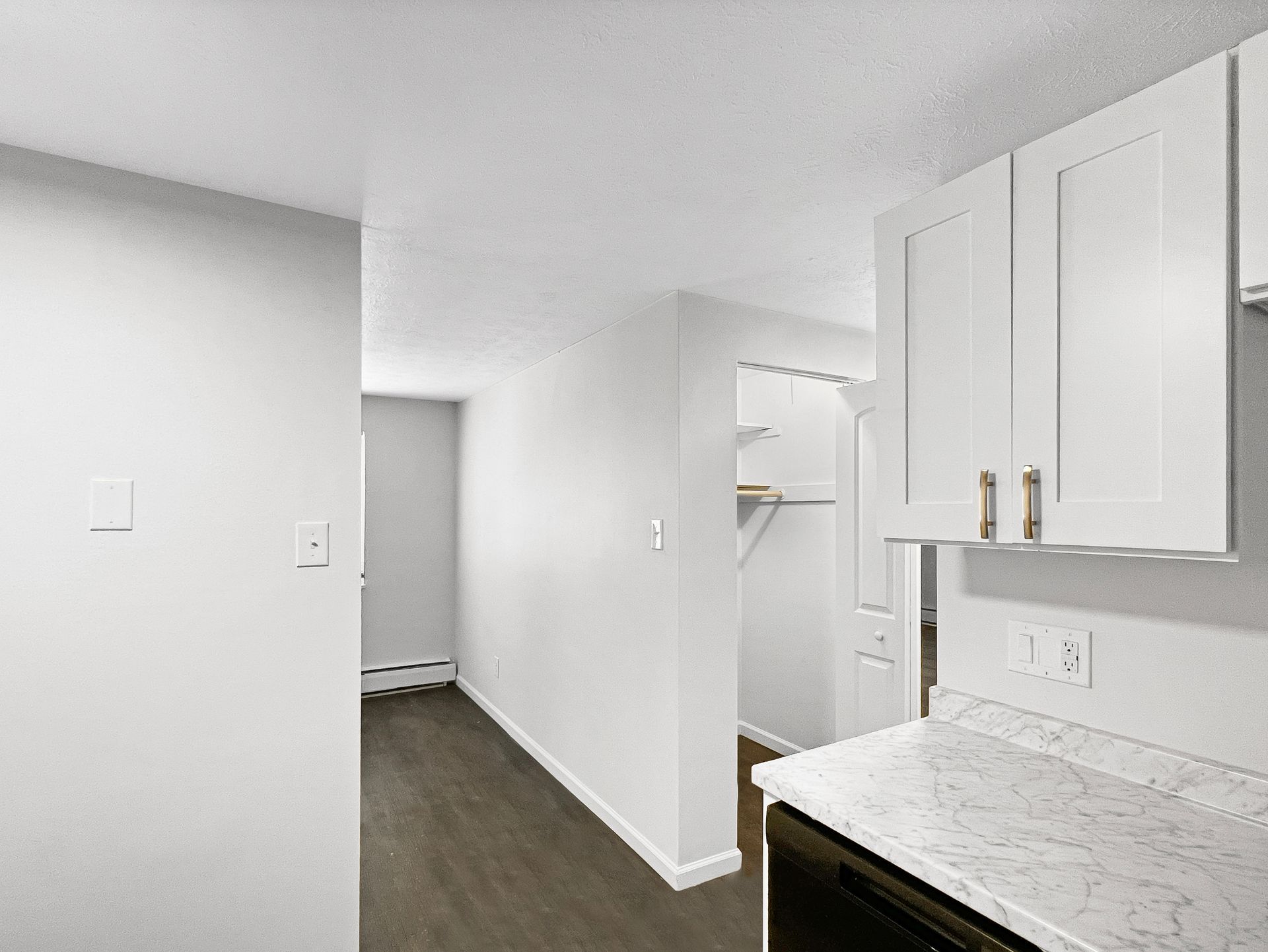 Kitchen with white cabinets, light countertop, and dark flooring leading to a hallway with a closet.