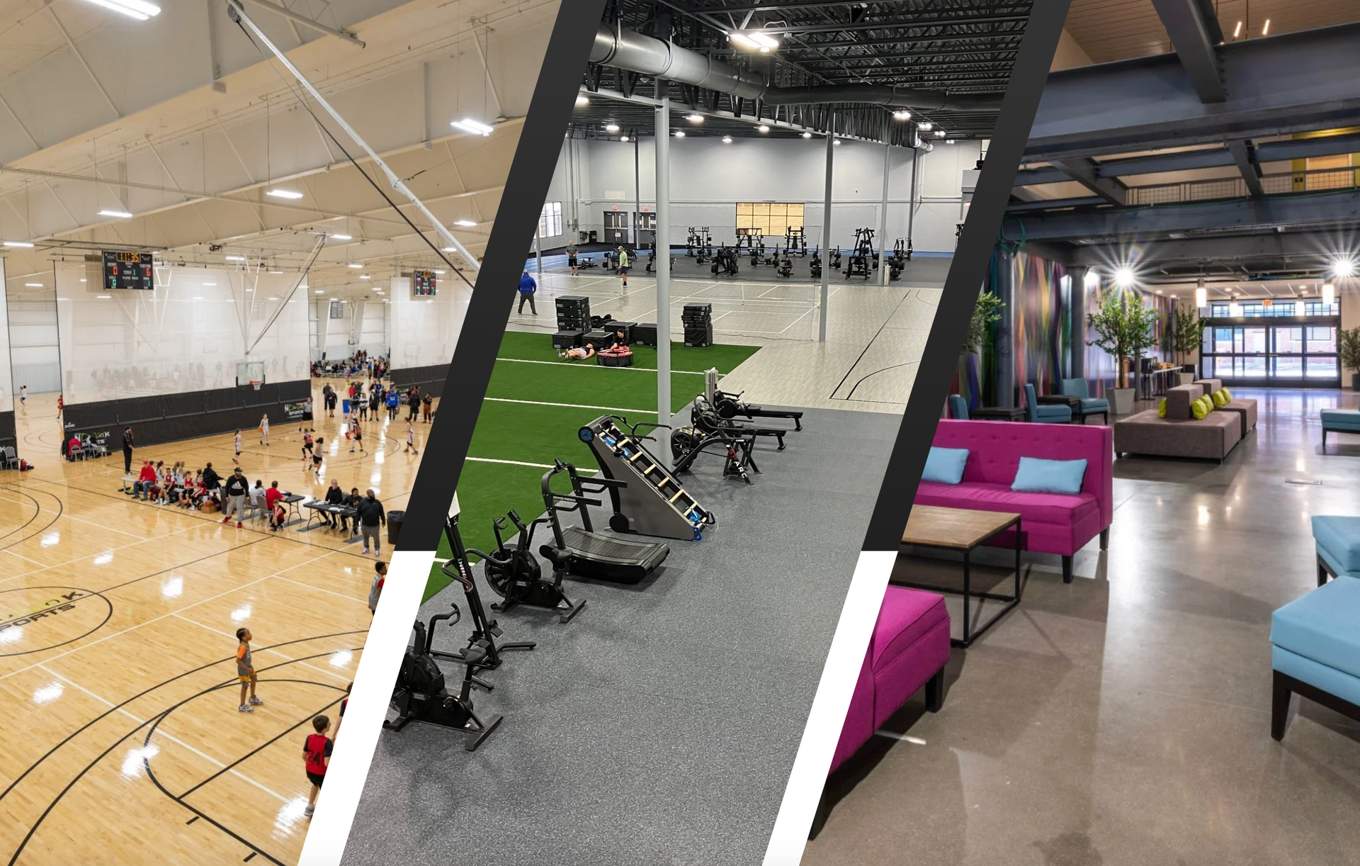 Indoor sports facility with basketball courts and seating area