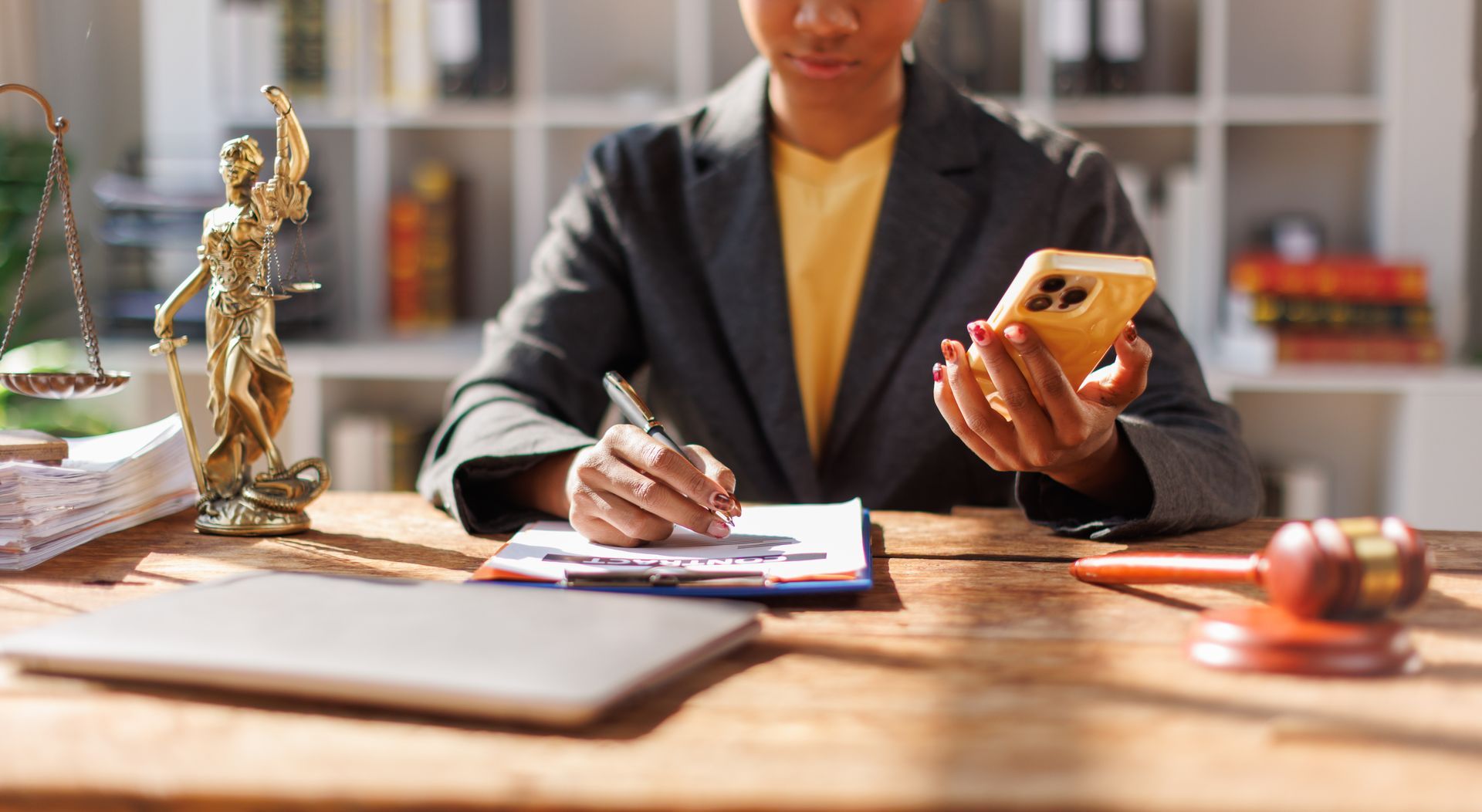 Lawyer or judge working with paperwork on his desk in office. 