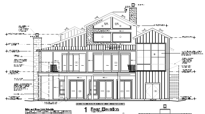 A black and white drawing of a house with a lot of windows.