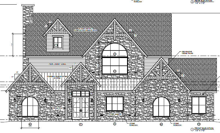 A black and white drawing of a house with a lot of windows.
