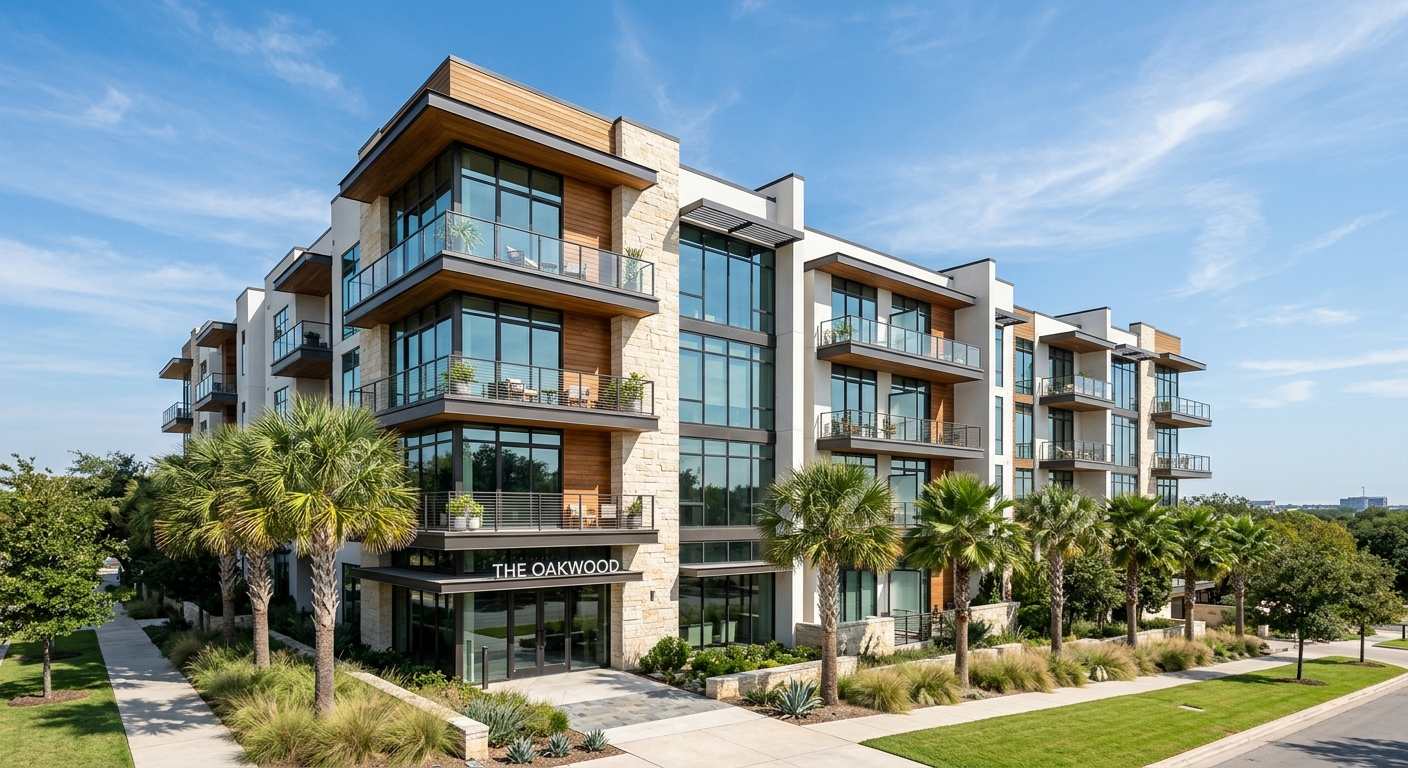 Modern condo building exterior in a Texas city on a partly cloudy day with blue sky overhead