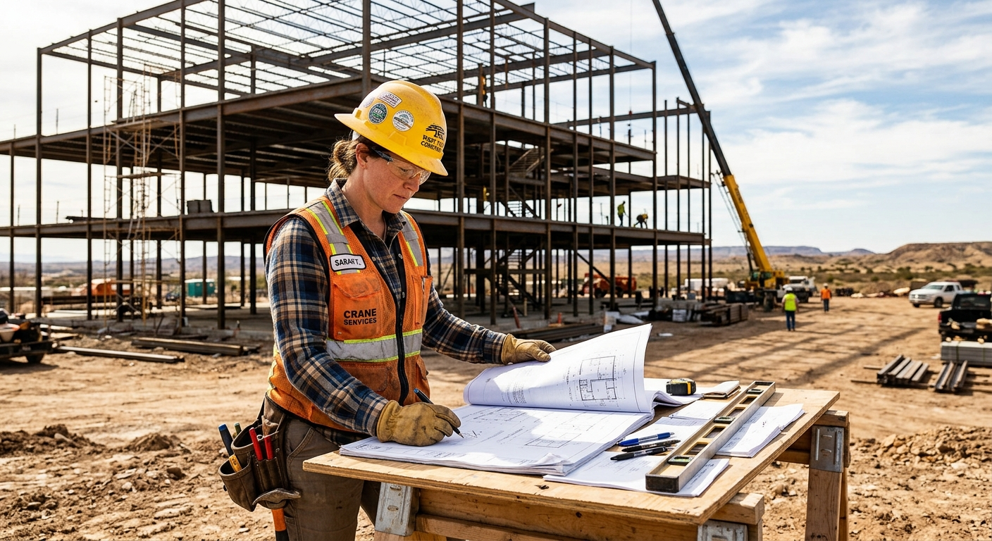 Lubbock contractor in work gear reviewing paperwork on a job site with a pickup truck and building frame in the background