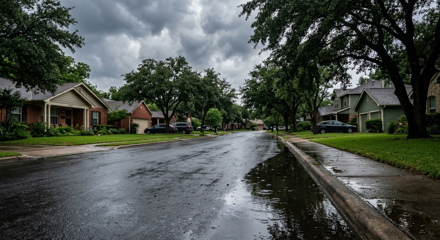 Flooded residential street in West Texas after heavy rainfall with water covering lawns and driveways near suburban homes