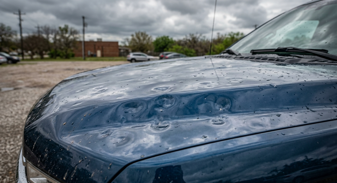 Hail-dented hood and cracked windshield on a pickup truck parked in a West Texas lot after a severe storm