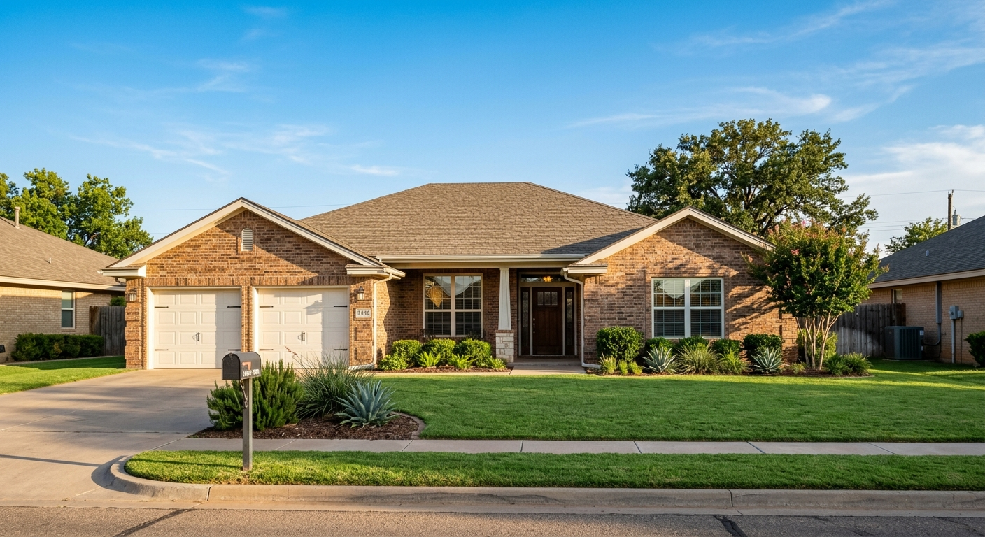 Brick ranch-style home in a Lubbock Texas neighborhood under a partly cloudy sky with open flat land in the background