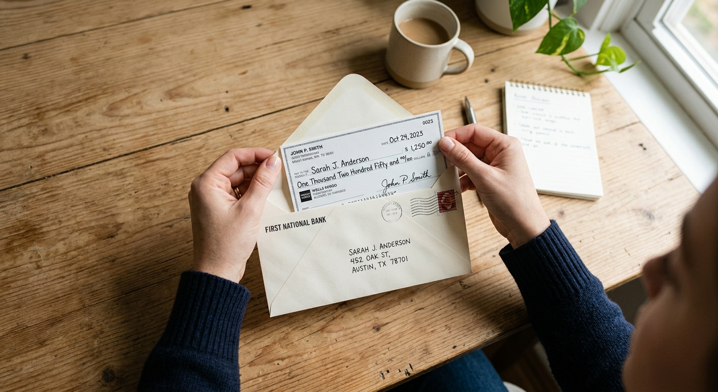 A hand holding a paper check near an open insurance policy folder on a wooden desk in a Texas office