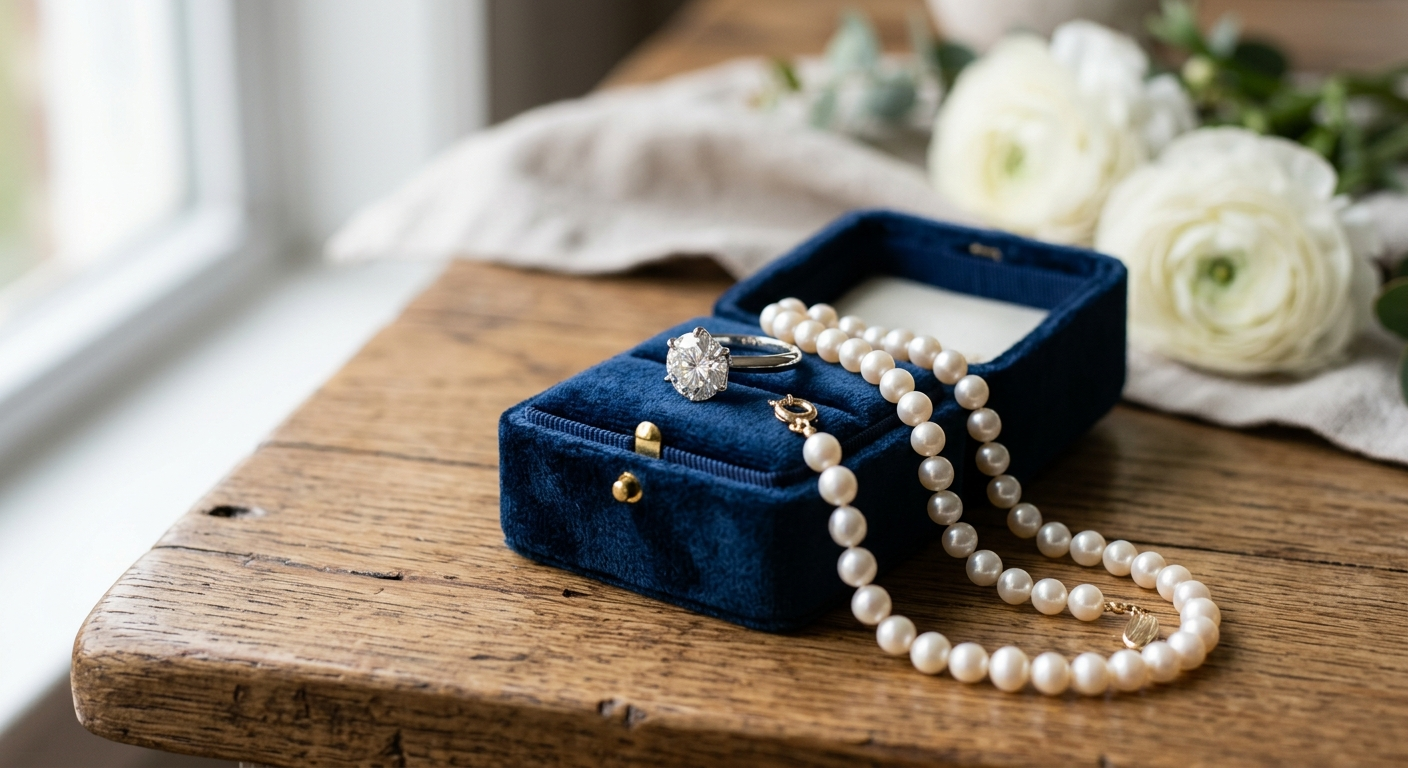 Close-up of a diamond engagement ring and pearl necklace resting on a wooden jewelry box in a sunlit Texas home