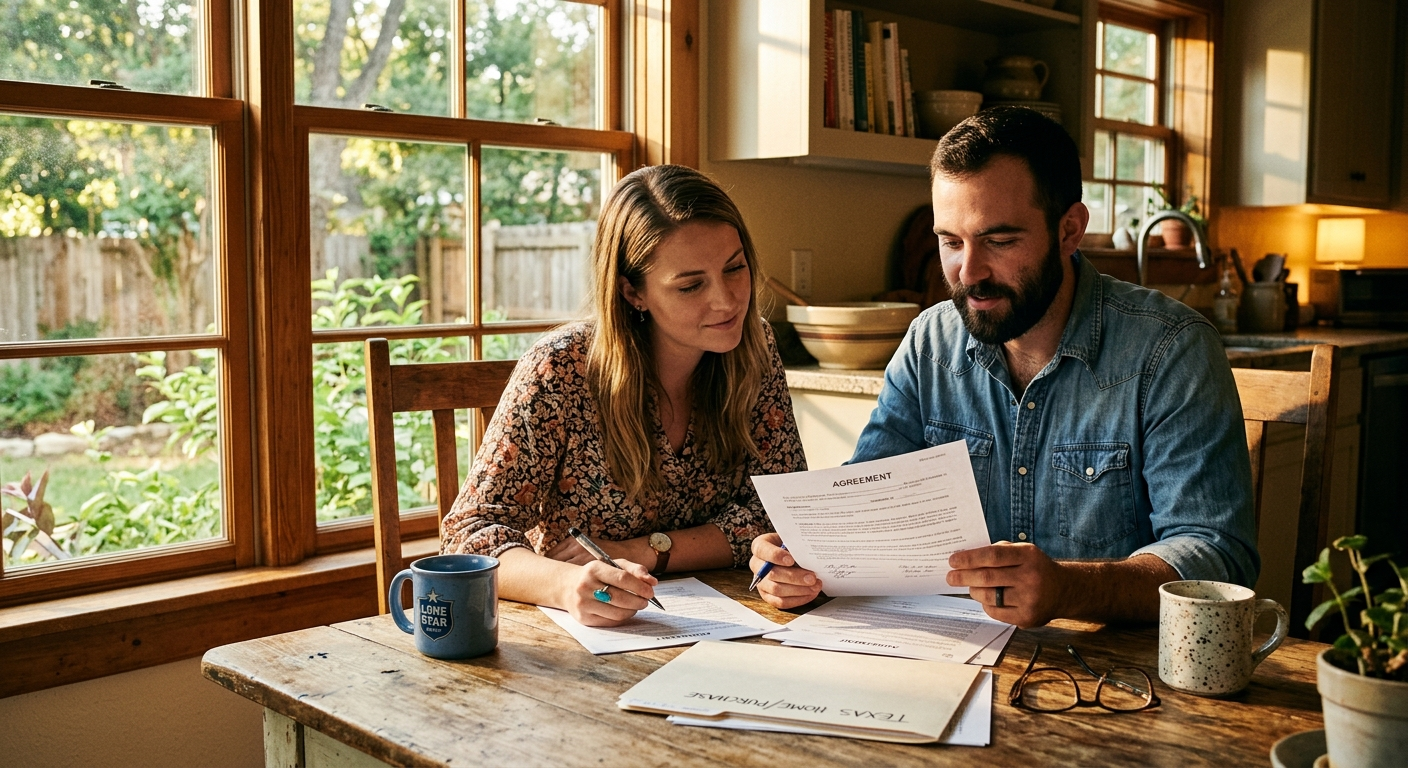 Family sitting at a kitchen table in Lubbock reviewing life insurance documents together on a sunny afternoon
