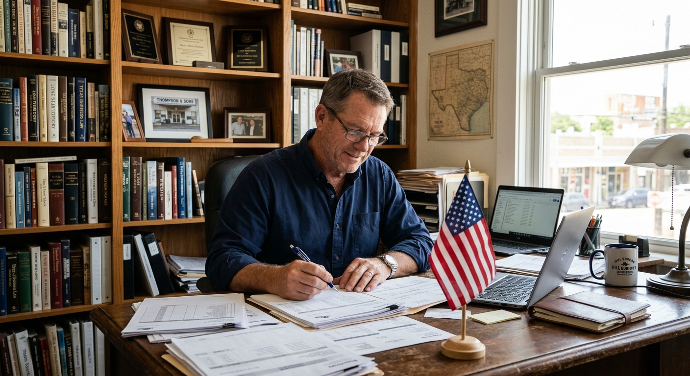 Texas small business owner reviewing life insurance documents at a wooden desk in a Lubbock office