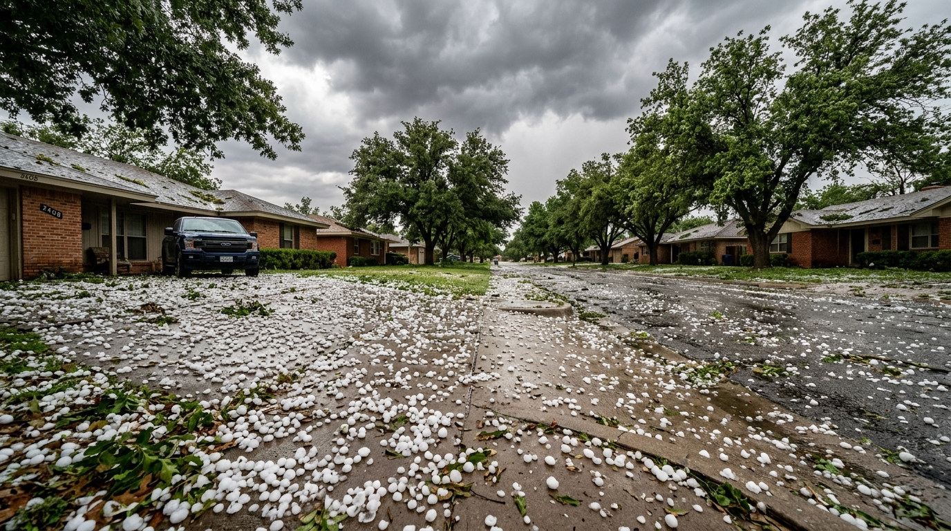 Hail-damaged asphalt shingle roof on a West Texas home after a severe thunderstorm, with dents visible across the surface