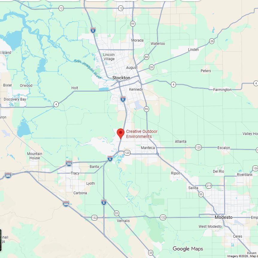 A Google Maps view showing the location of Creative Outdoor Environments near Manteca and Stockton, California.