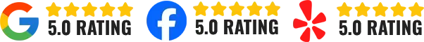 Five-star ratings icons for Google, Facebook, and Yelp, all showing a 5.0 rating.