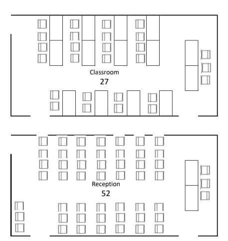 A black and white drawing of a classroom and reception
