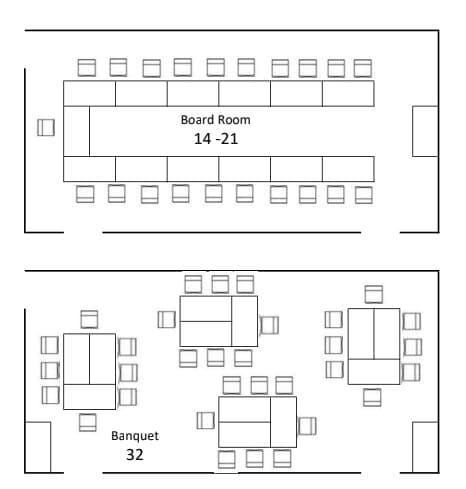 A black and white drawing of a board room and banquet.