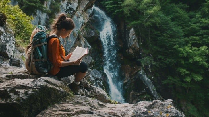 Reading on by the waterfall  in Dominica