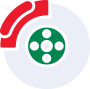 A green circle with white dots inside of it and a red arrow.