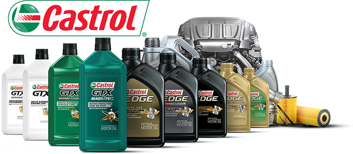 A group of bottles of castrol oil are lined up next to each other.