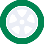 A white wheel in a green circle on a white background.