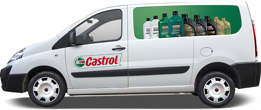 A white van with castrol written on the side