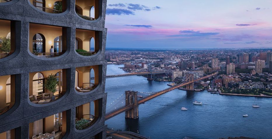 An artist 's impression of a building overlooking a river and a bridge.
