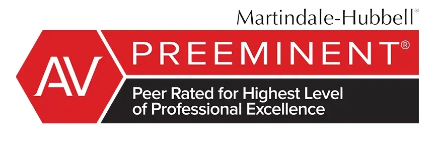 A red and black logo that says av preeminent peer rated for highest level of professional excellence