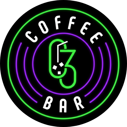Circular neon coffee bar logo: Green and purple rings surround white text and a green coffee cup icon.