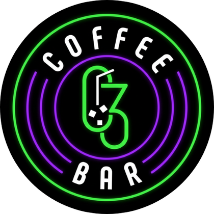 Circular neon coffee bar logo: Green and purple rings surround white text and a green coffee cup icon.