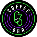 Coffee Bar logo, black circle with neon green and purple rings. White text says 