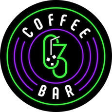 Coffee Bar logo, black circle with neon green and purple rings. White text says 