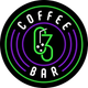 Coffee Bar logo, black circle with neon green and purple rings. White text says 