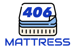 The logo for 406 mattress is a mattress with a sticker on it.