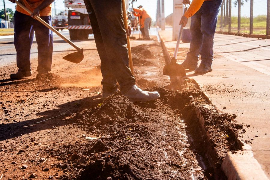A group of people are digging in the dirt on the side of the road.