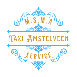 Een blauw en gouden logo voor taxi amstelveen