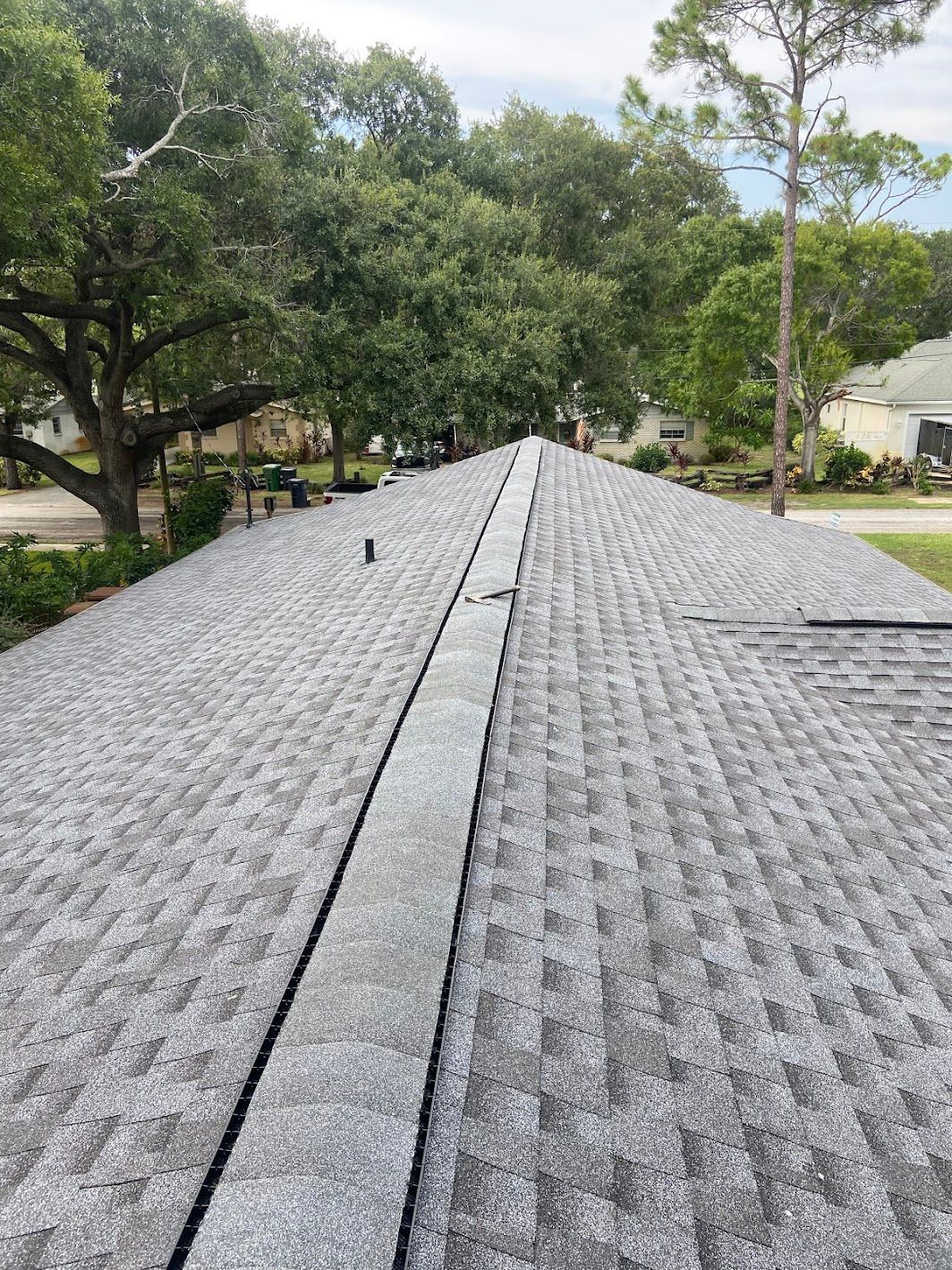 A close up of a roof with trees in the background.