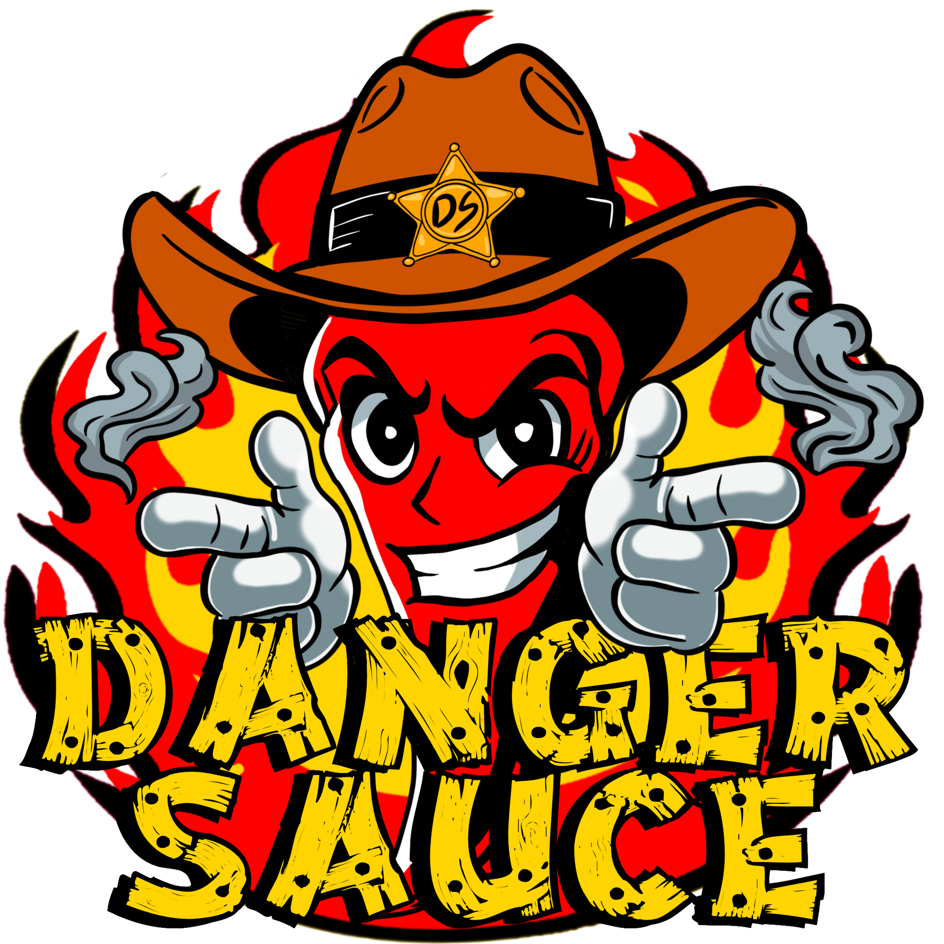 Danger Sauce Hot Sauce logo featuring Carolina Reapers in front of flames.