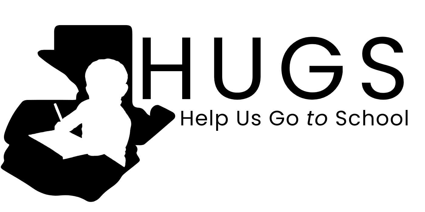 A black and white logo for hugs help us go to school