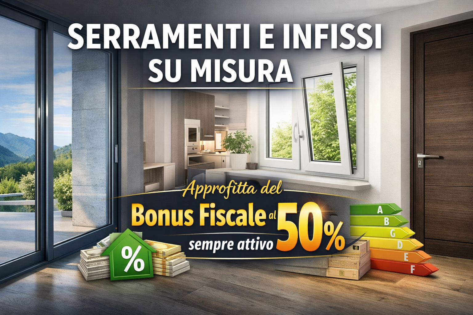 Pubblicità per finestre e porte personalizzate con offerta di bonus fiscale del 50%.