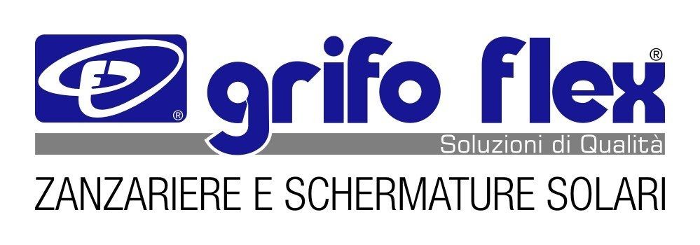 Logo di Grifo Flex, blu e bianco con la scritta "Zanzariere e schermature solari" in basso.