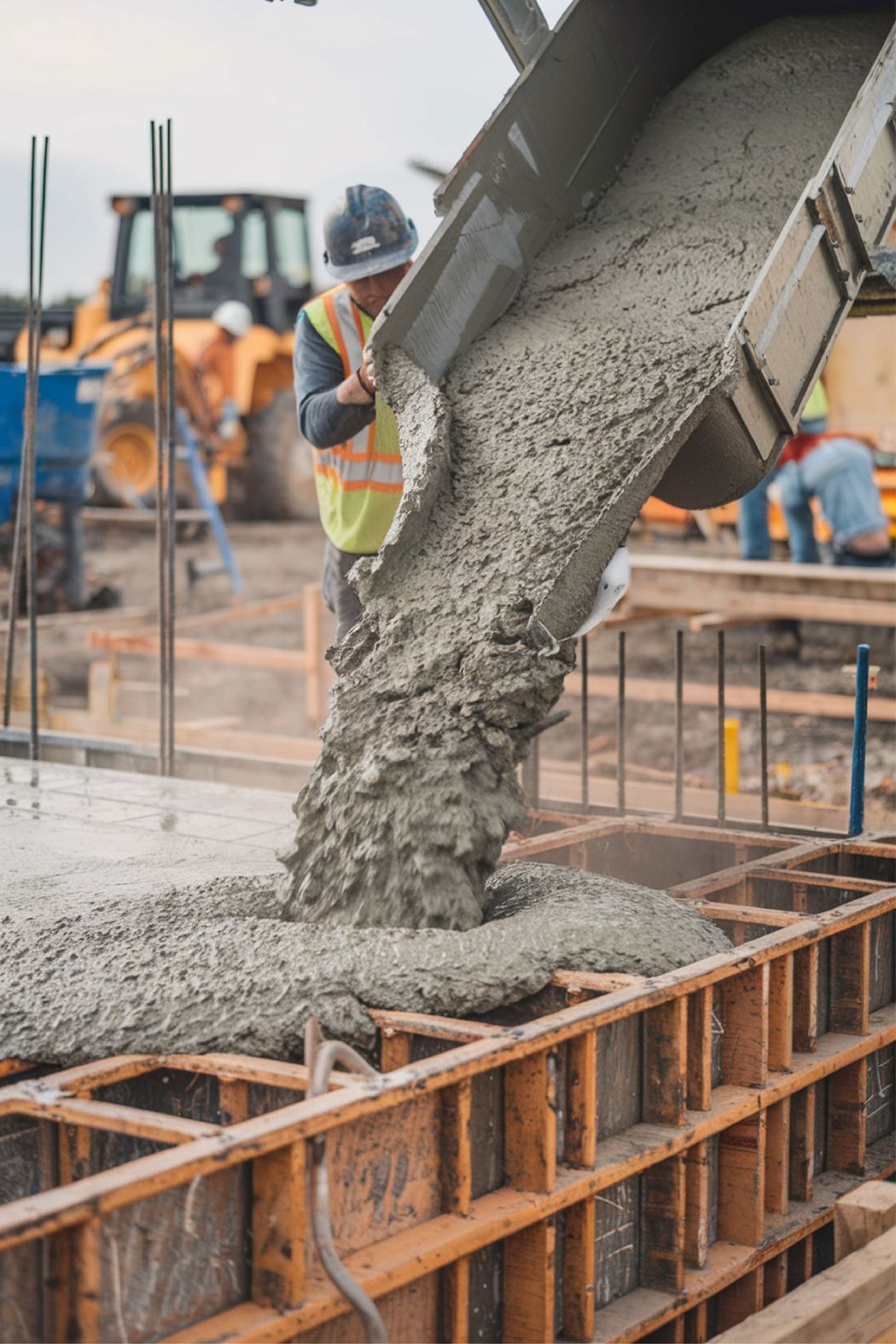 Concrete being poured into wooden formwork at a construction site, with workers and machinery in the background