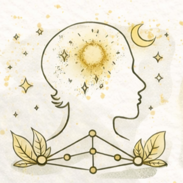 Silueta de una cabeza con un cerebro brillante, estrellas, luna creciente, hojas y una forma geométrica