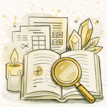 Libro abierto con lupa, papeles, cristales, vela; estudio místico.