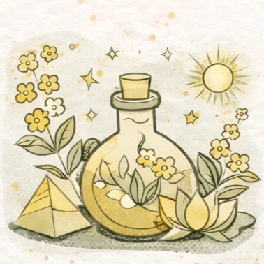 Botella de poción amarilla con acentos florales, sol y pirámide.