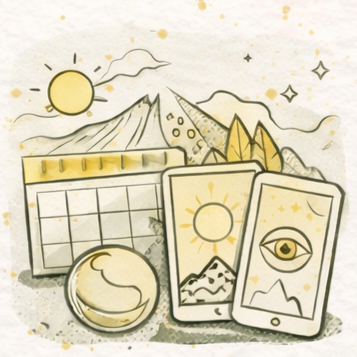 Calendario, pantallas con imágenes de sol/montaña, luna, sol, montañas y arboles, en tonos amarillos.