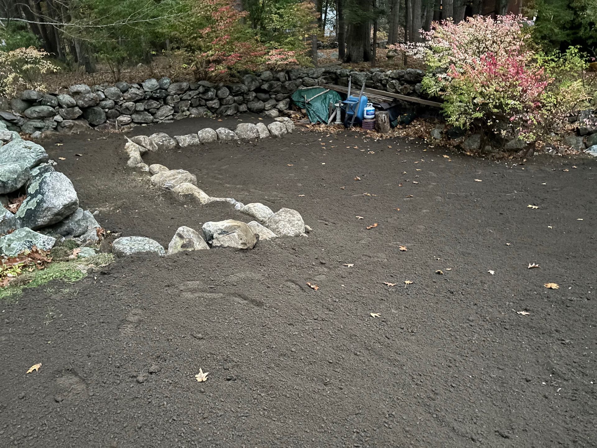 Dark soil ground with a rock border, stone wall, and trees in the background.