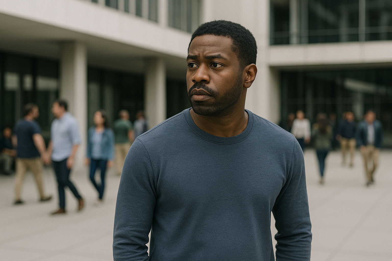 Concerned man standing outside with people behind him