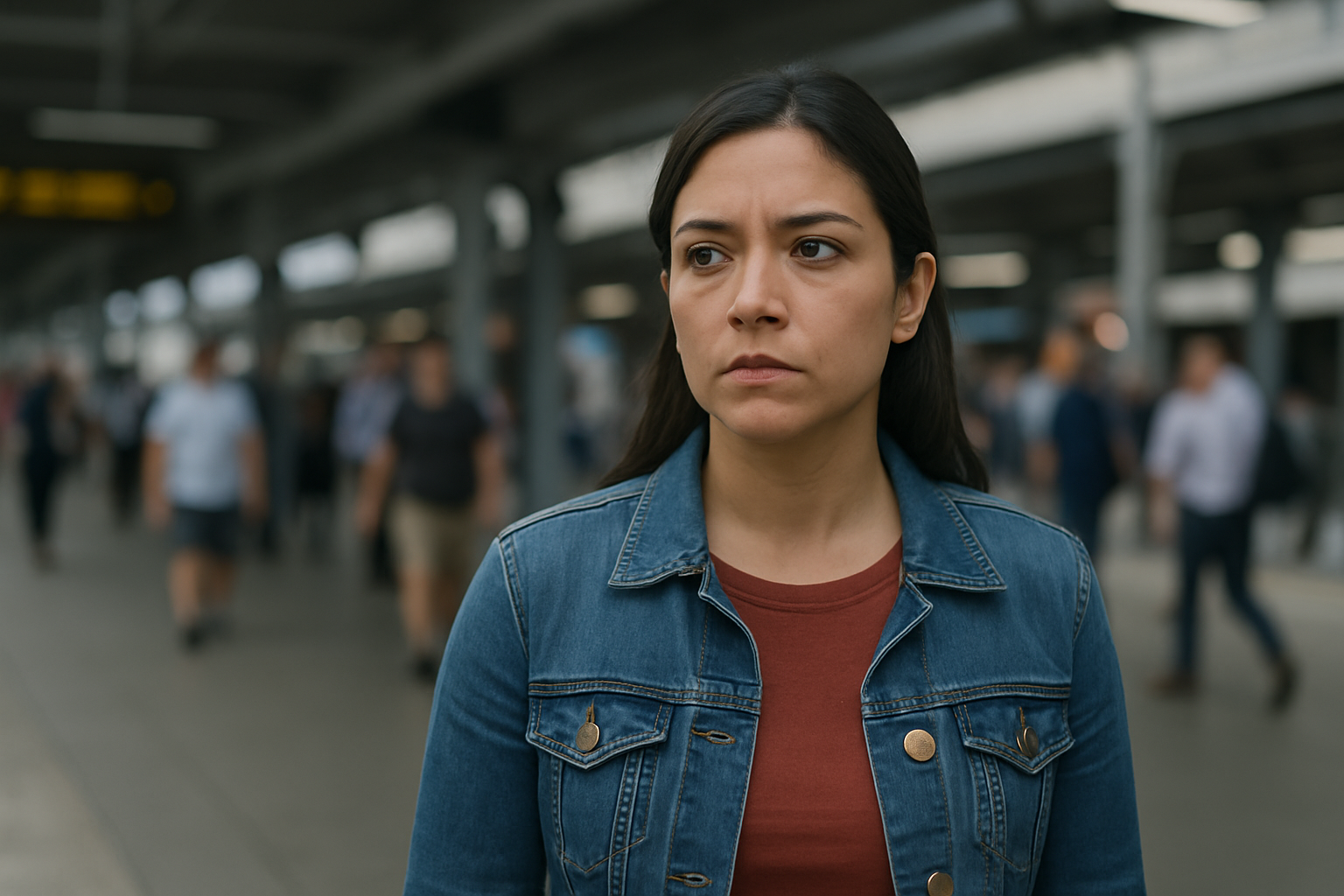 Tense woman standing outside with a crowd of people behind her