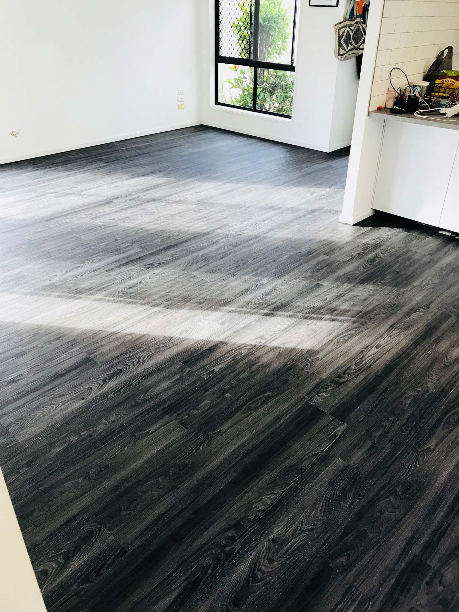 black tiles wood flooring